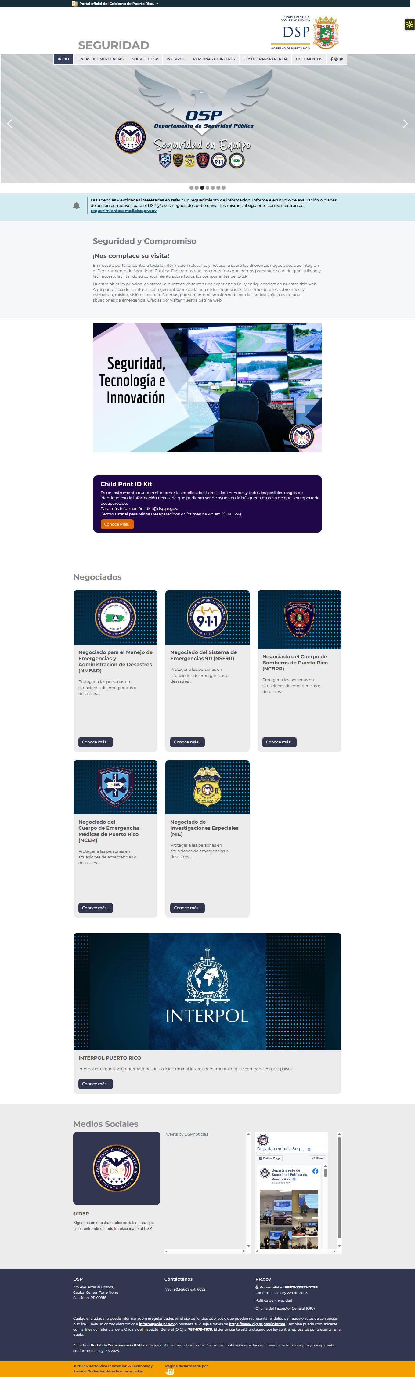 Full-page Departamento de Seguridad Pública de Puerto Rico government website with emergency divisions and public resources