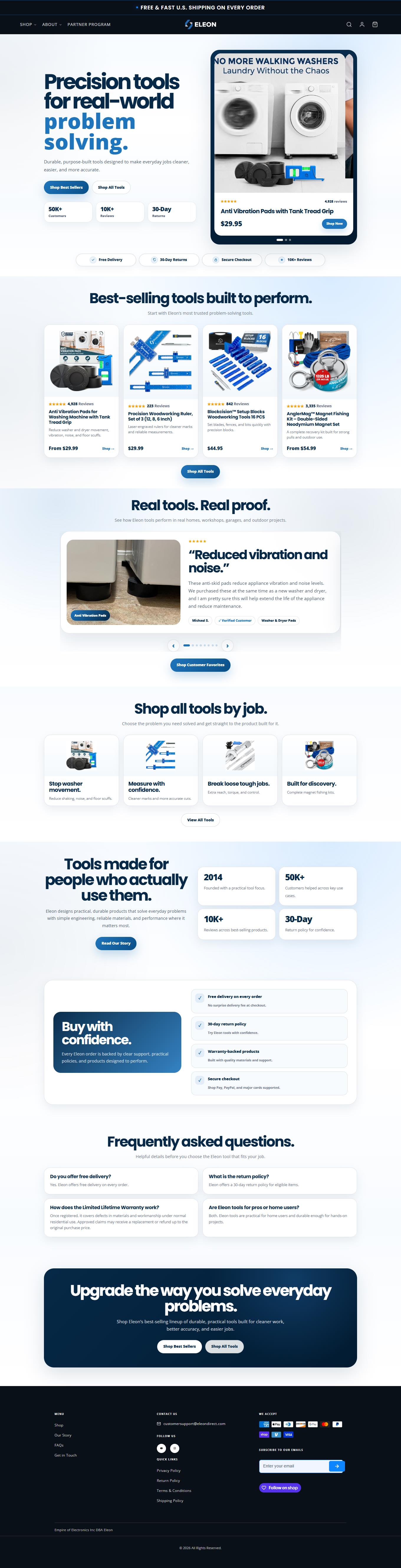 Full-page Eleon Direct ecommerce website for tools and practical household products