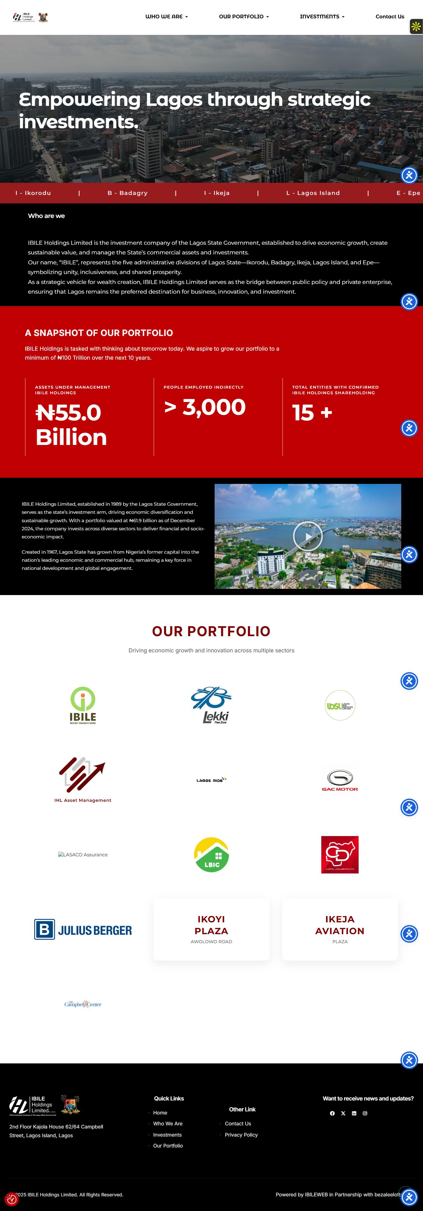 Full-page IBILE Holdings website presenting Lagos State investments, portfolio organisations and impact statistics