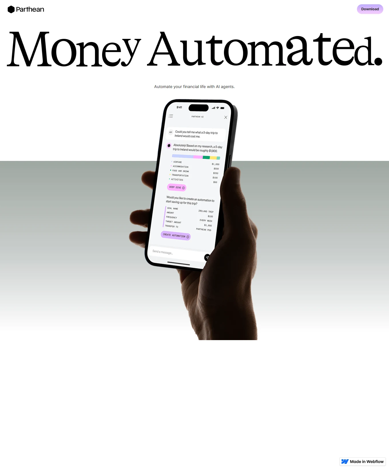 Parthean AI personal finance product landing page