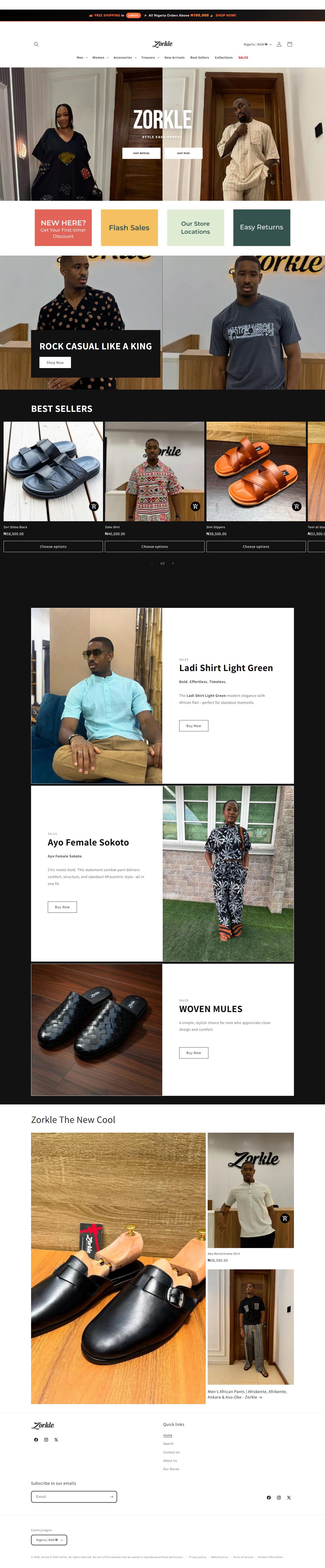 Full-page Zorkle Nigerian fashion ecommerce website showing collections, best sellers and product storytelling