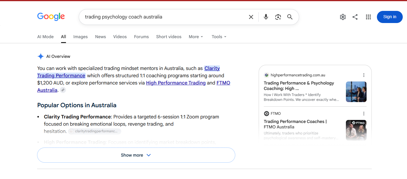 Google AI Overview citing Clarity Trading Performance for trading psychology coaching in Australia
