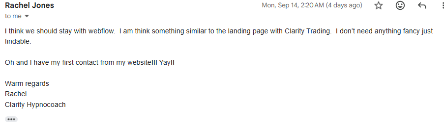 Client email confirming Clarity Trading received its first website enquiry