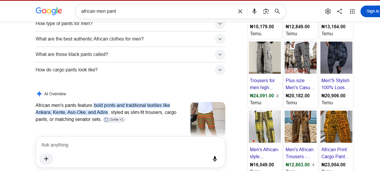 Google AI Overview citing Zorkle for African men's pants