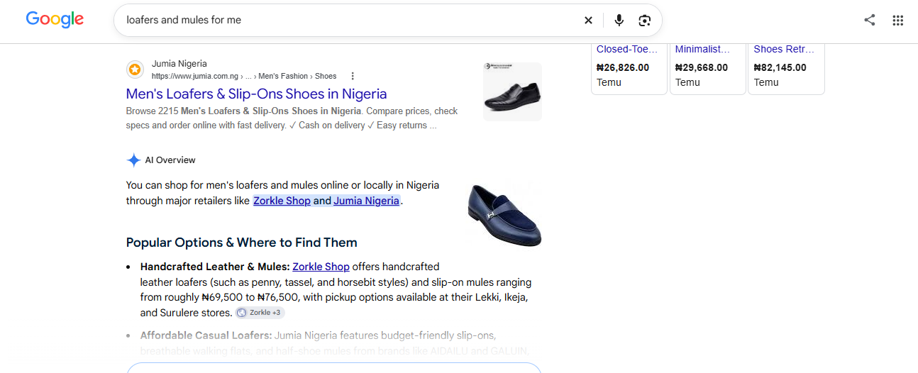 Google AI Overview recommending Zorkle Shop for men's loafers and mules in Nigeria