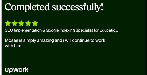Five-star Upwork review for SEO implementation and Google indexing