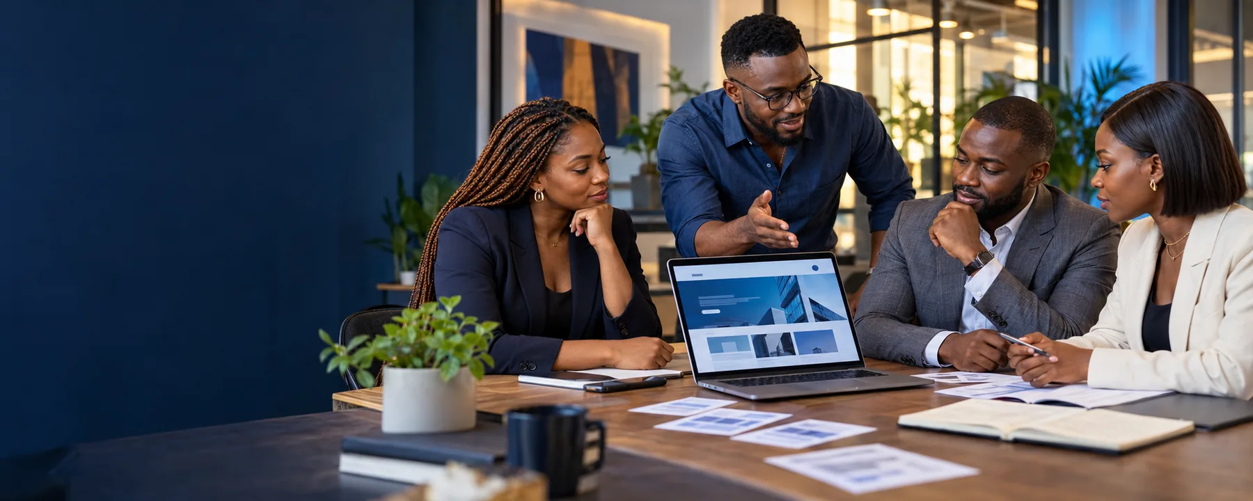 Nigerian business owners reviewing a website project proposal with a digital strategist in Lagos