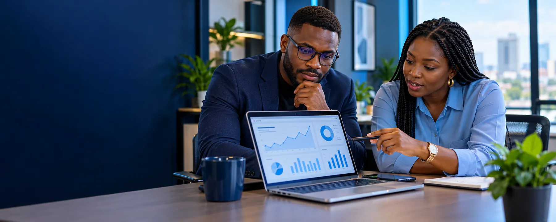 Nigerian business owner and digital strategist reviewing website conversion data in Lagos